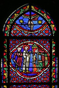 Window depicting Scene from the life of Saint Bonnet: Saint leaving his goods at the Door and receiving the monk